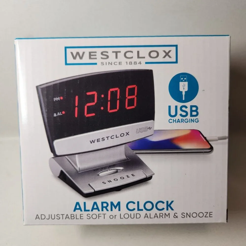 Digital Desk Table Alarm Clock with USB Charging Port Black Silver LED Large 0.9